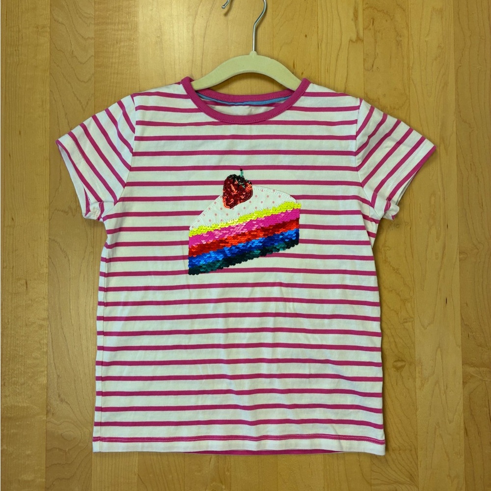 Mini Boden Pink Striped Tee with Rainbow Cake Design